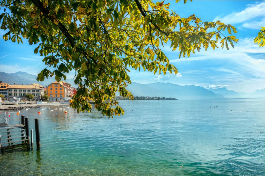 Panoramic view of Geneva Lake in Vevey town