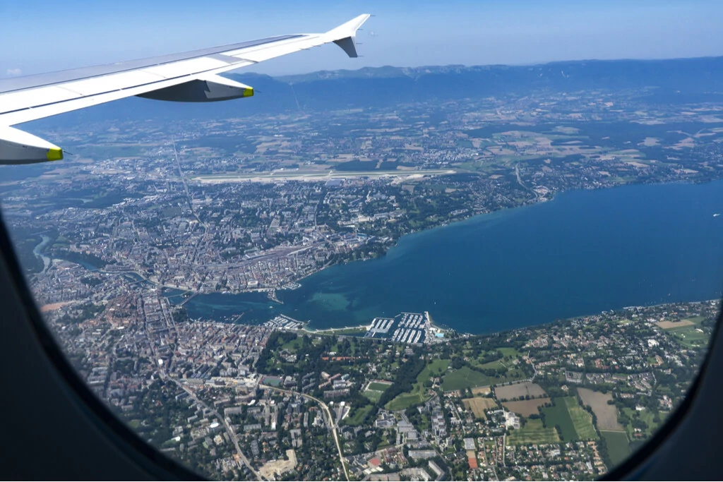 View from a plane window on aerial of Geneva and Lac Leman